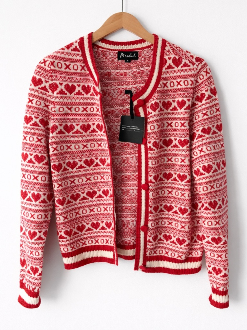 NWT Marled Red & White Heart XO Cardigan Sweater Button Size S Valentine Cozy